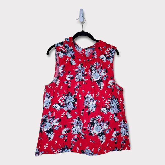 ModCloth Women’s Red Floral Sleeveless Blouse Large Reverse Peter Pan Collar - Picture 2 of 9